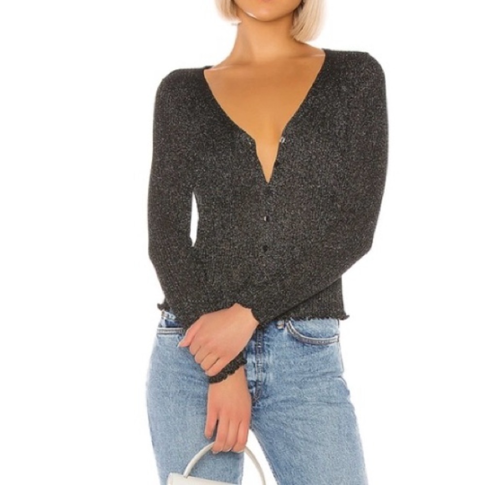 BB Dakota Revolve Charcoal Grey Shimmery Long Sleeve Knit Cardigan Sweater- M